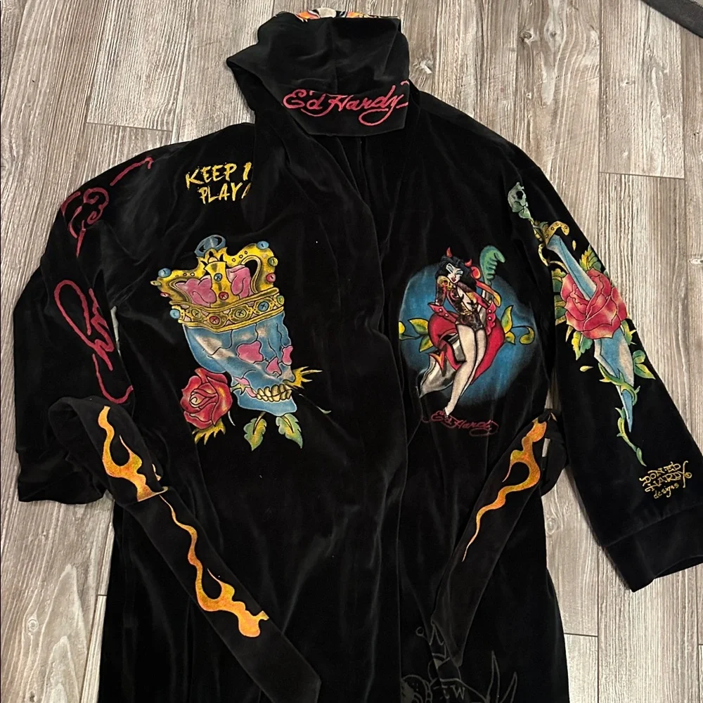 Y2K Ed Hardy Velvet Robe Coat Skull Tattoo Graphic Black S/M Luxury Streetwear - Picture 12 of 15